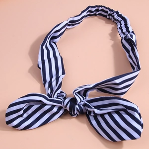 Blue and white striped fabric bow headband for women featuring a minimalist knot design