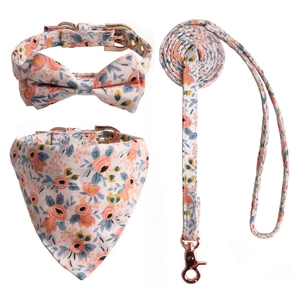 Floral pet collar, bandana and leash set with bowknot and rose gold metal hardware