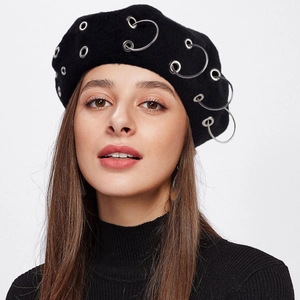 Chic black wool beret with punk style silver metal eyelets and rings for women