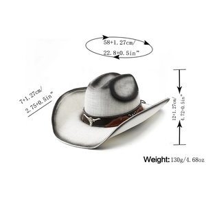 Detailed size specs for grey western straw hat with bull skull buckle and leather band
