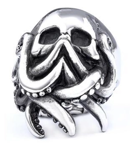 Macro shot of Gothic skull ring featuring detailed octopus tentacles in silver stainless steel