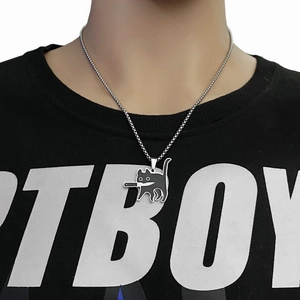 Edgy knife-wielding black cat pendant on a silver bead chain for a trendy street look