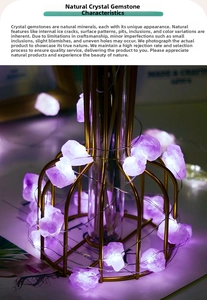 Detail view of natural purple amethyst raw stones on a golden wire LED string light