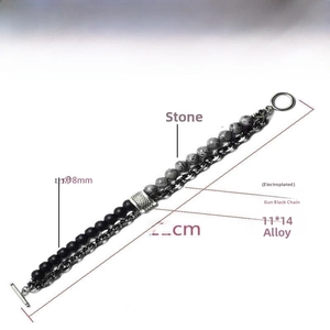 Double-layered men's bracelet with 8mm map stone beads and gun black alloy T-bar clasp
