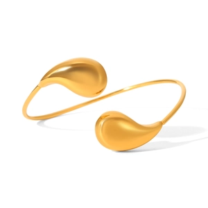 Minimalist 18k gold plated stainless steel open bangle with teardrop design features