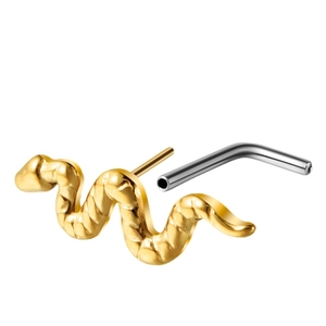 Piercing serpent en titane G23 doré avec barre en L argentée vue sous un angle de 45 degrés