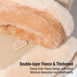 Winter thermal double-layered fleece gloves for women with thick windproof lining
