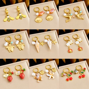 Stainless Steel Pendant Earrings With Enamel Fruit Butterfly Shell Sea Animal Shapes Imitation Artificial Pearl Beaded For Women