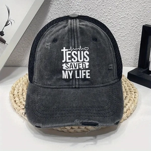 Casquette baseball délavée avec imprimé Jesus Saved My Life et arrière en maille filet