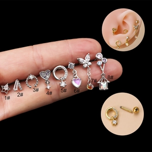 Variety of stainless steel screw back cartilage studs with heart and star zircon charms