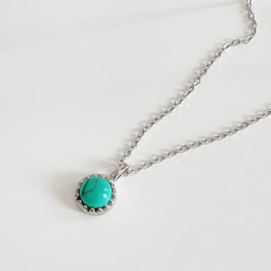 Minimalist S925 sterling silver chain necklace featuring a round turquoise pendant on white background