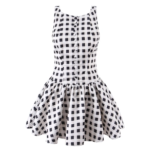 Sleeveless black and white plaid mini dress with button front and pleated skirt