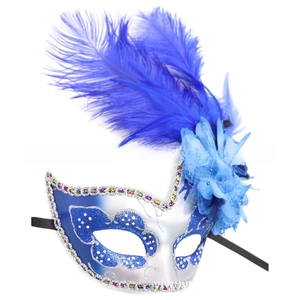 Dettaglio delle piume blu e dei motivi floreali glitterati su una maschera da ballo