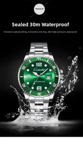 Men's emerald green diving watch with 30m water resistance splashing in water scene