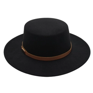Detail of black wool felt boater hat featuring a brown leather band and gold buckle