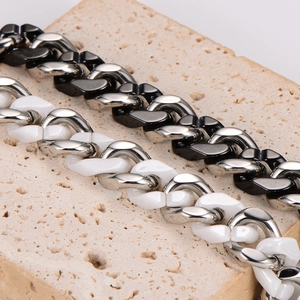 Hip hop ceramic Cuban link chain necklace and bracelet set in black white and silver