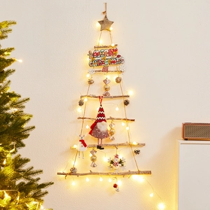 Hanging wooden ladder Christmas tree with warm LED lights and festive ornaments for wall decor
