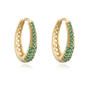 Luxury gold hoop earrings with multi-row emerald green crystals and hollow U-shape design