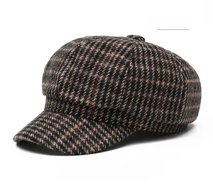 Detailed view of coffee plaid wool octagonal cap with classic vintage textured fabric