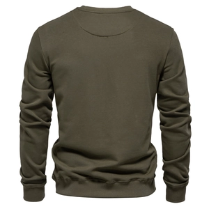 Back view of a men's olive green crewneck sweatshirt with ribbed cuffs and hem