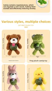 Catnip plush toys set featuring teddy bear, frog, rabbit and chick with bell