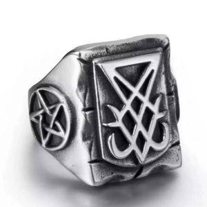 Gothic Lucifer Sigil ring in vintage silver stainless steel with pentagram details