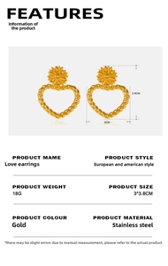 Détails des boucles d'oreilles cœur dorées avec décor tournesol et dimensions précises