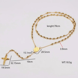 304 stainless steel gold rosary necklace with cross pendant and 70cm beaded chain