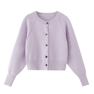 Classic lavender knit cardigan with round neck and dark buttons on white background
