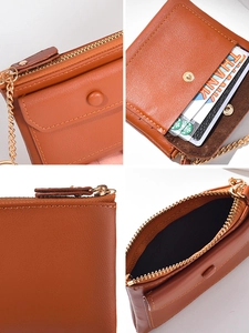 Brown PU leather mini keychain purse with gold chain and front snap pocket for women