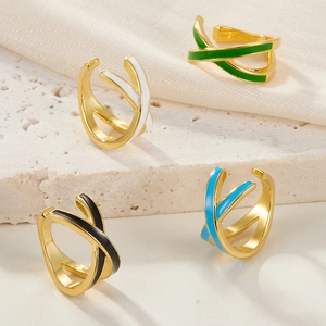 Set of four gold double-layer enamel crossover open rings in green, white, black and blue