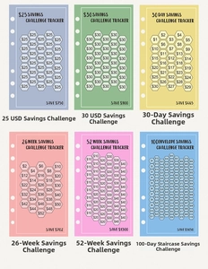 Six colorful A6 savings challenge tracker cards with honeycomb progress grids