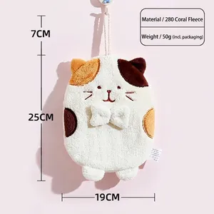 Cute cat-shaped hanging hand towel made of ultra-absorbent white coral fleece material