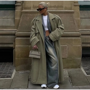 Women Long Woolen Coat Oversized Lapel Double Breasted Belted Outerwear Sage Green Warm Winter Jacket Fashion Lady