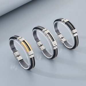 Men Bracelet Stainless Steel Silicone Bangle Greek Key Pattern Hip Hop Punk Jewelry Fashion Fold Over Clasp Durable