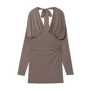Fashionable V-neck long sleeve ruched mini dress in taupe with slimming bodycon fit