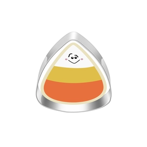 Detailed candy corn charm with white, yellow, and orange enamel and a cute smiley face