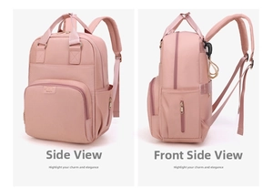 Detailed side view of pink waterproof laptop backpack for moms with wide straps