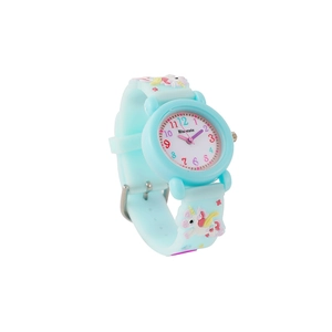 Close-up of light blue silicone strap with 3D unicorn and colorful stars on kids watch