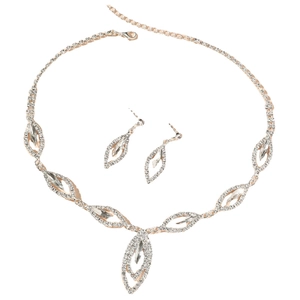 Elegant rhinestone necklace and earrings bridal jewelry set on a clean white background
