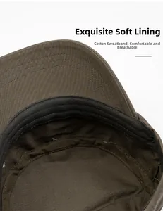Close-up of military flat cap interior featuring cotton sweatband and neat stitching