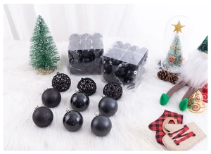 Detail of black Christmas ornaments in glossy, matte, and hollow styles on white fur