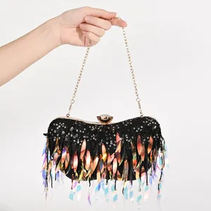 Damen Abendtasche Mit Pailletten Und Irisierenden Blattquasten Holografische Fransen Metallkette Für Partys