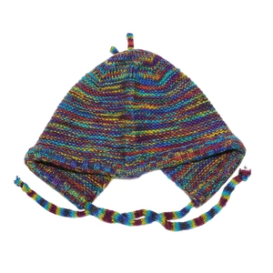 Detail of rainbow gradient knit hat showing colorful yarn texture and earflaps with ties