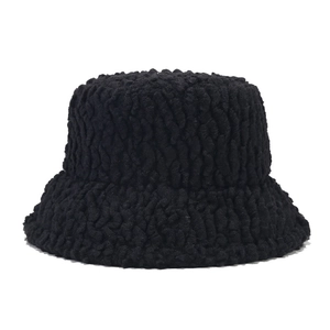 Women's minimalist black plush bucket hat with textured fleece for autumn and winter style