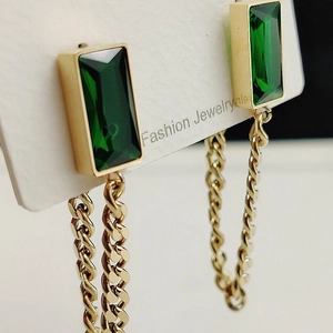 Vintage Gold Titanium Steel Green Rhinestone Tassel Earrings Emerald Cut Geometric Chain Drop Earrings For Women Jewelry