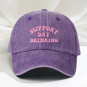 Vintage purple washed cotton baseball cap with pink Support Day Drinking embroidery