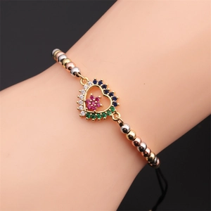 Three-tone beaded bracelet with heart charm and colorful zircon stones on adjustable cord