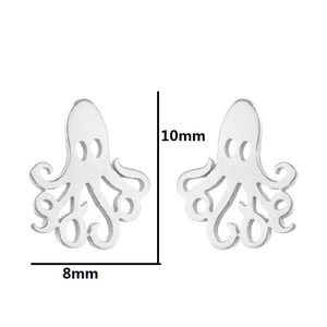 Pendientes de pulpo minimalistas en acero inoxidable plateado, tamaño 10mm x 8mm