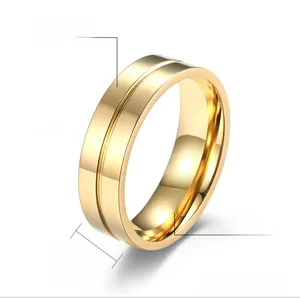 Detailed view of 6mm gold stainless steel ring featuring a polished mirror finish